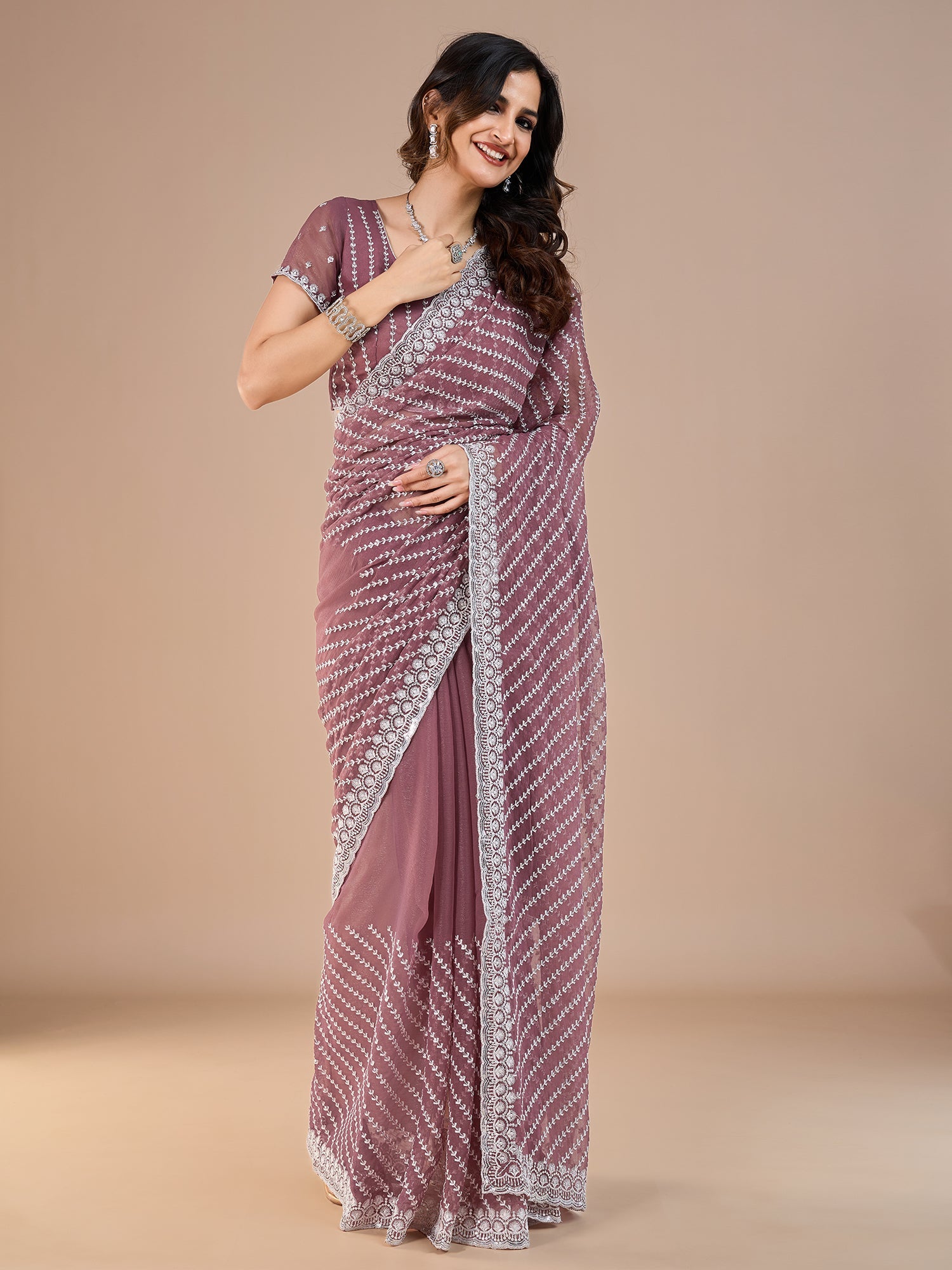 Dusty Pink Tissue Embroidery Saree - Ressa