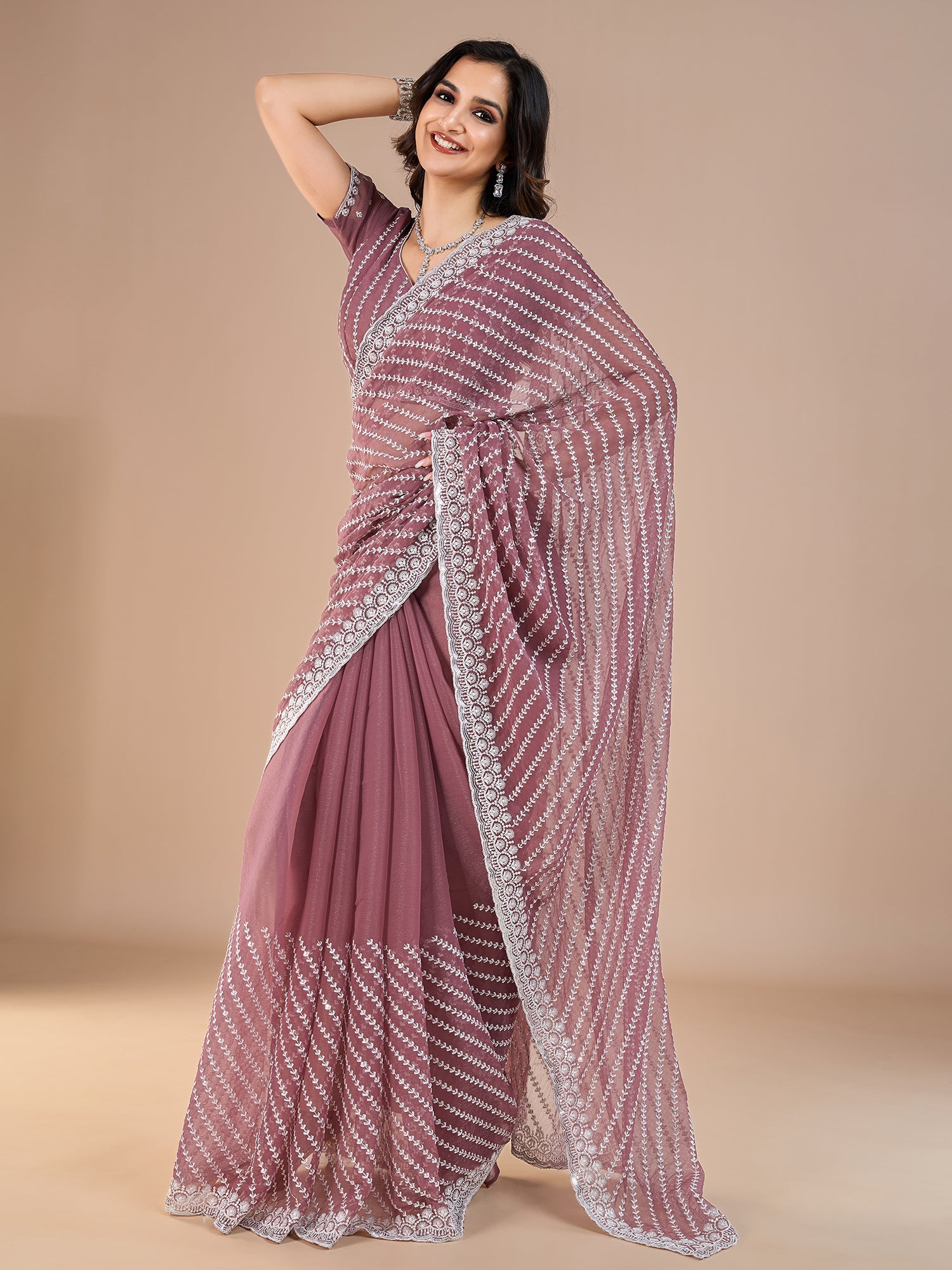 Dusty Pink Tissue Embroidery Saree - Ressa