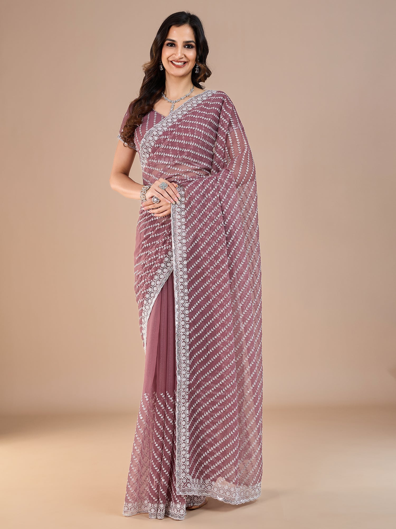 Dusty Pink Tissue Embroidery Saree - Ressa