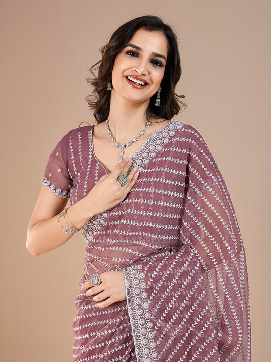 Dusty Pink Tissue Embroidery Saree - Ressa