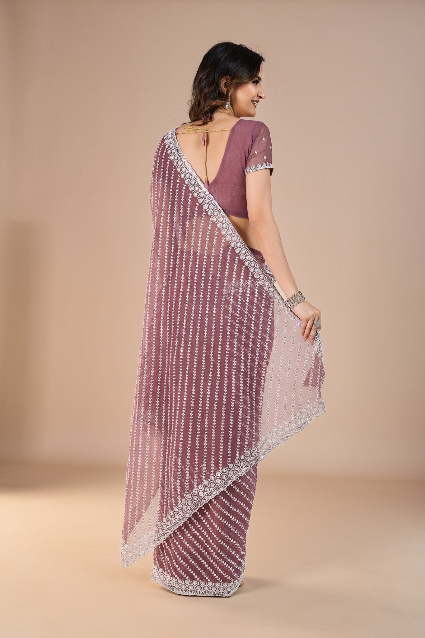 Dusty Pink Tissue Embroidery Saree - Ressa