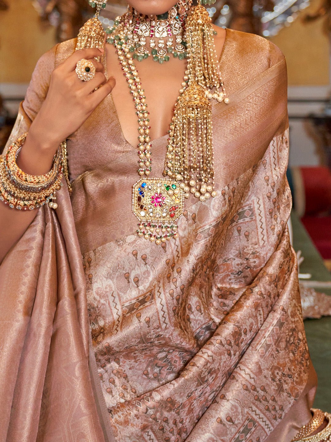 Dusty Rose Banarasi Brocade Silk Saree with Zari Weave - Ressa
