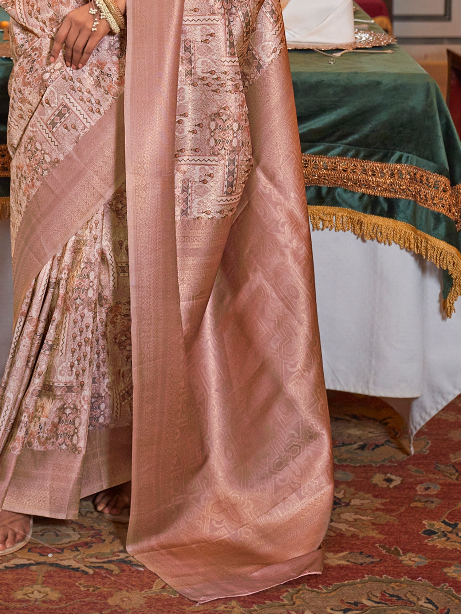 Dusty Rose Banarasi Brocade Silk Saree with Zari Weave - Ressa