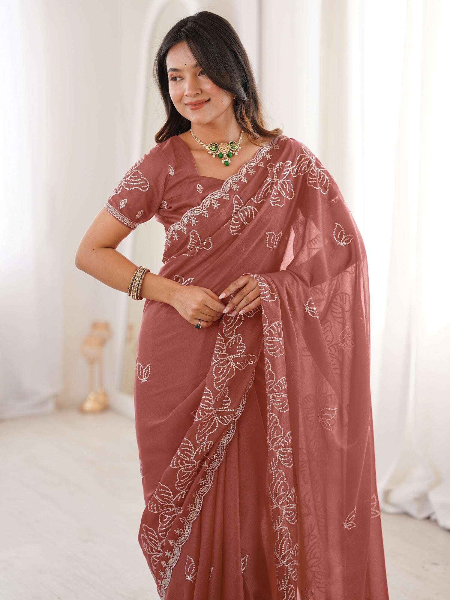 Dusty Rose Georgette Embroidered Saree - Ressa