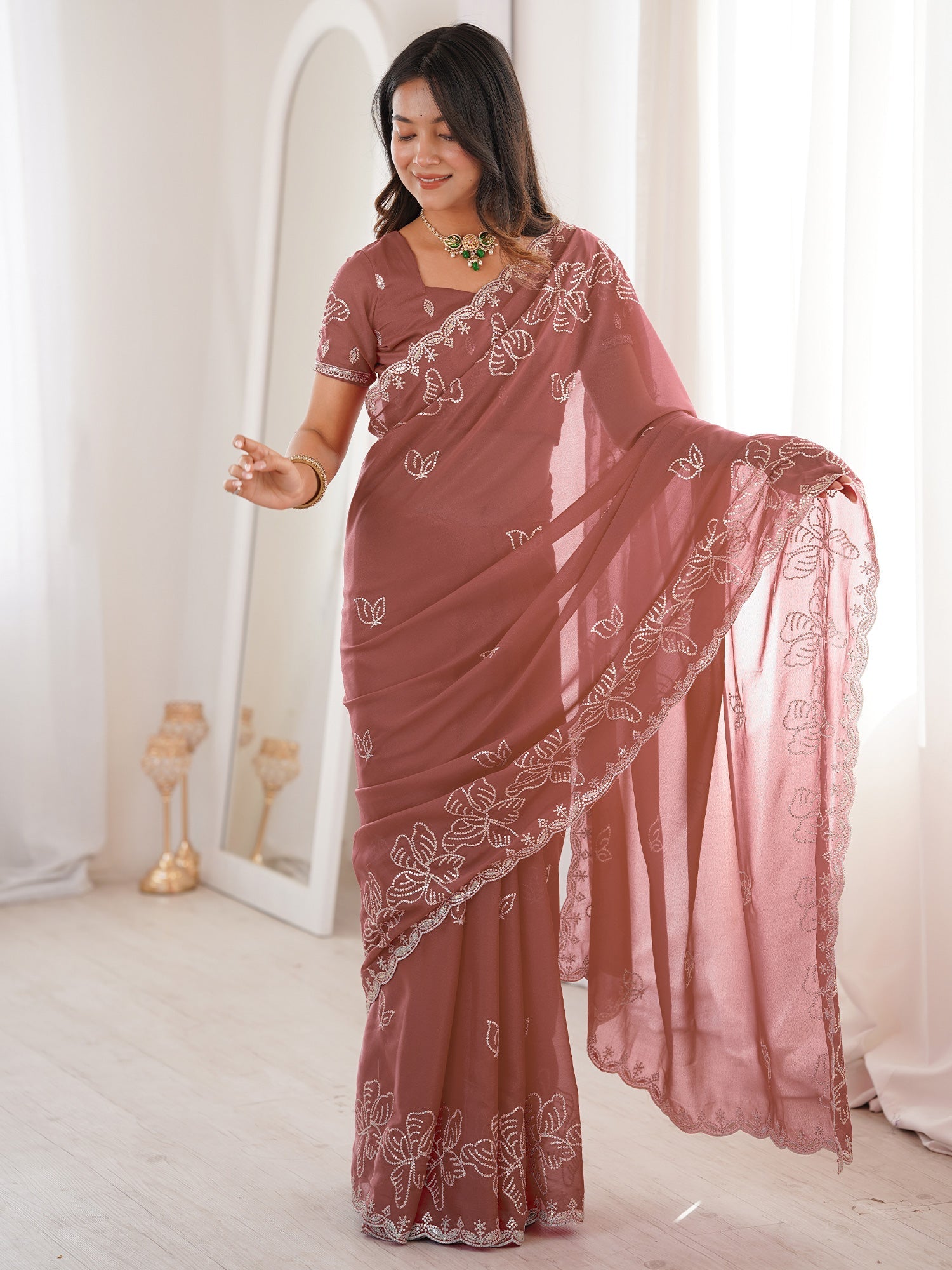 Dusty Rose Georgette Embroidered Saree - Ressa