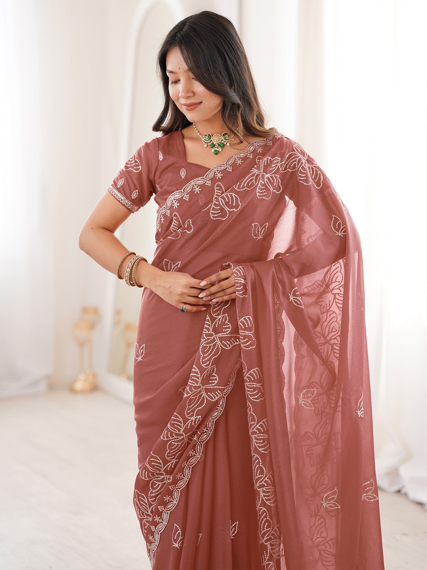 Dusty Rose Georgette Embroidered Saree - Ressa