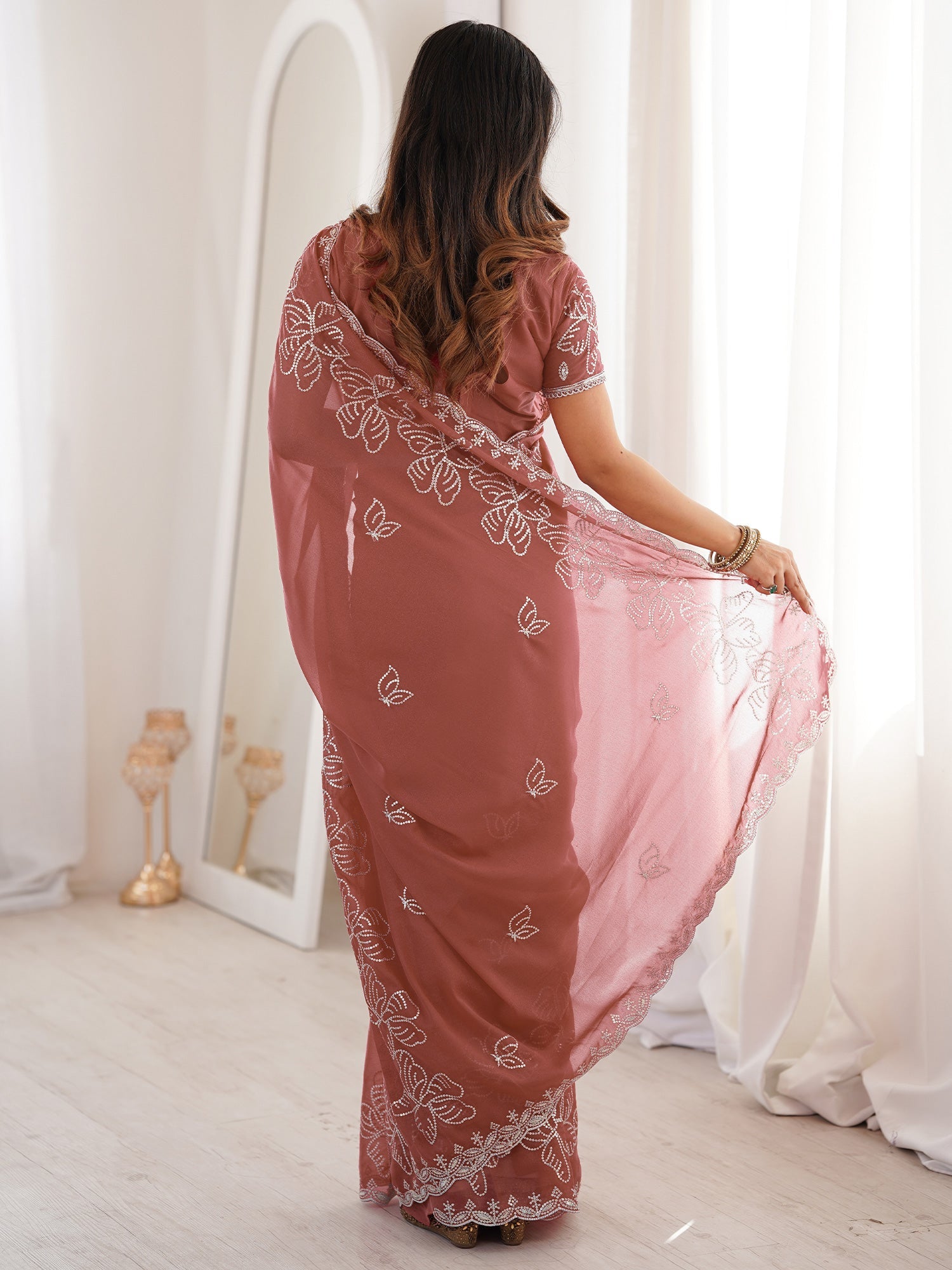 Dusty Rose Georgette Embroidered Saree - Ressa