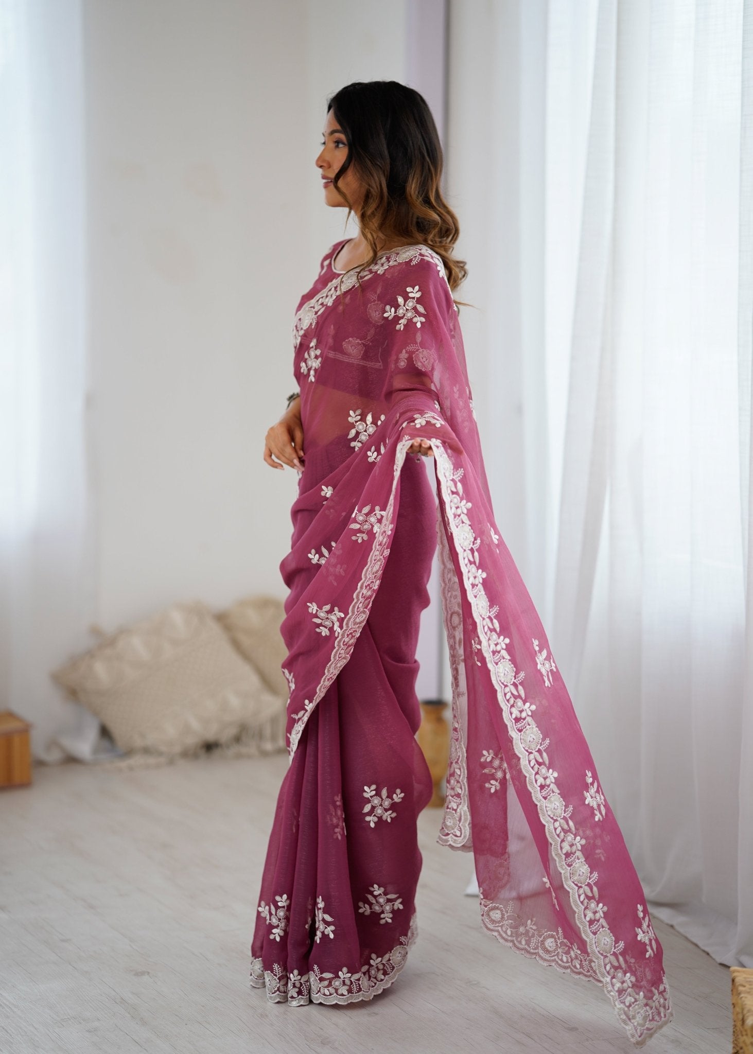 Dusty Rose Organza Embroidered Saree - Ressa