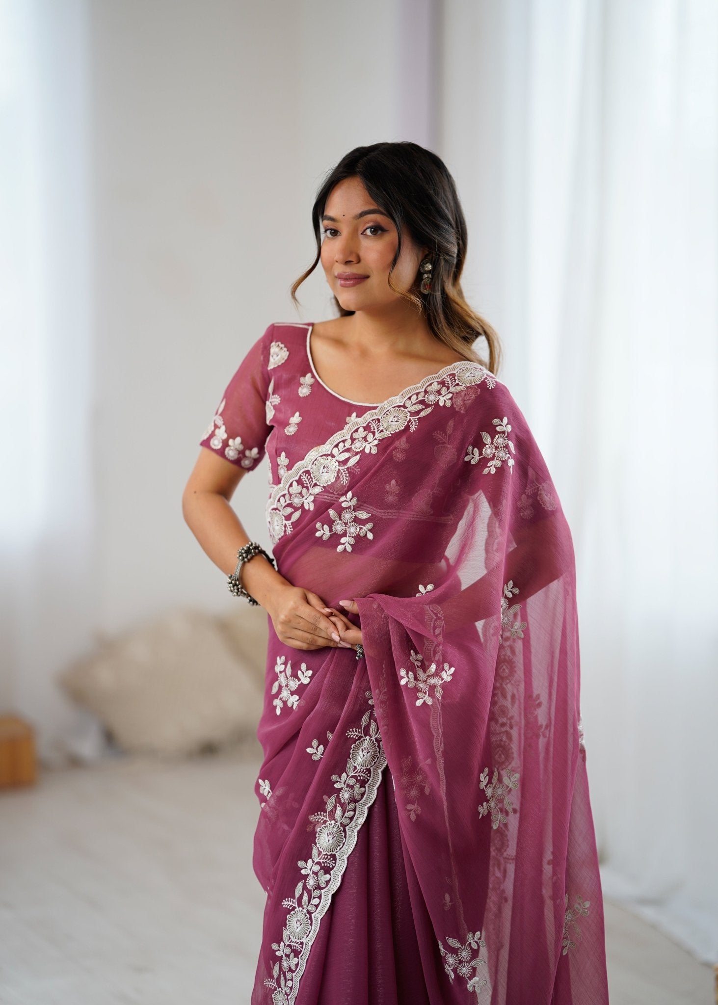 Dusty Rose Organza Embroidered Saree - Ressa
