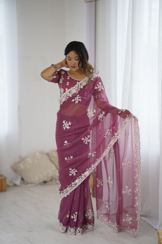 Dusty Rose Organza Embroidered Saree - Ressa