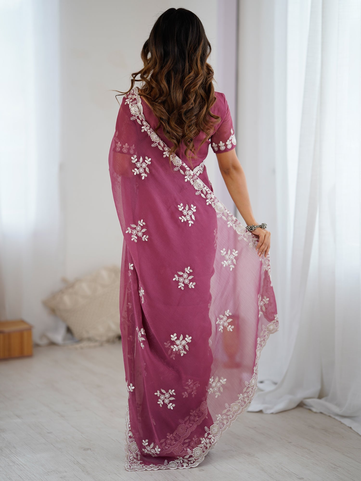 Dusty Rose Organza Embroidered Saree - Ressa