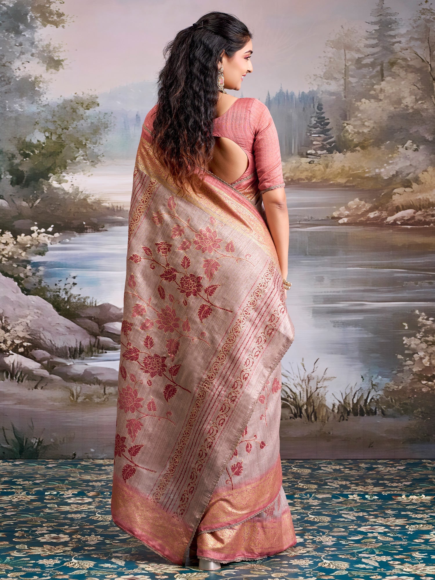 Dusty Rose Tissue Silk Saree with Floral Motifs - Ressa