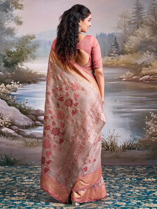 Dusty Rose Tissue Silk Saree with Floral Motifs - Ressa