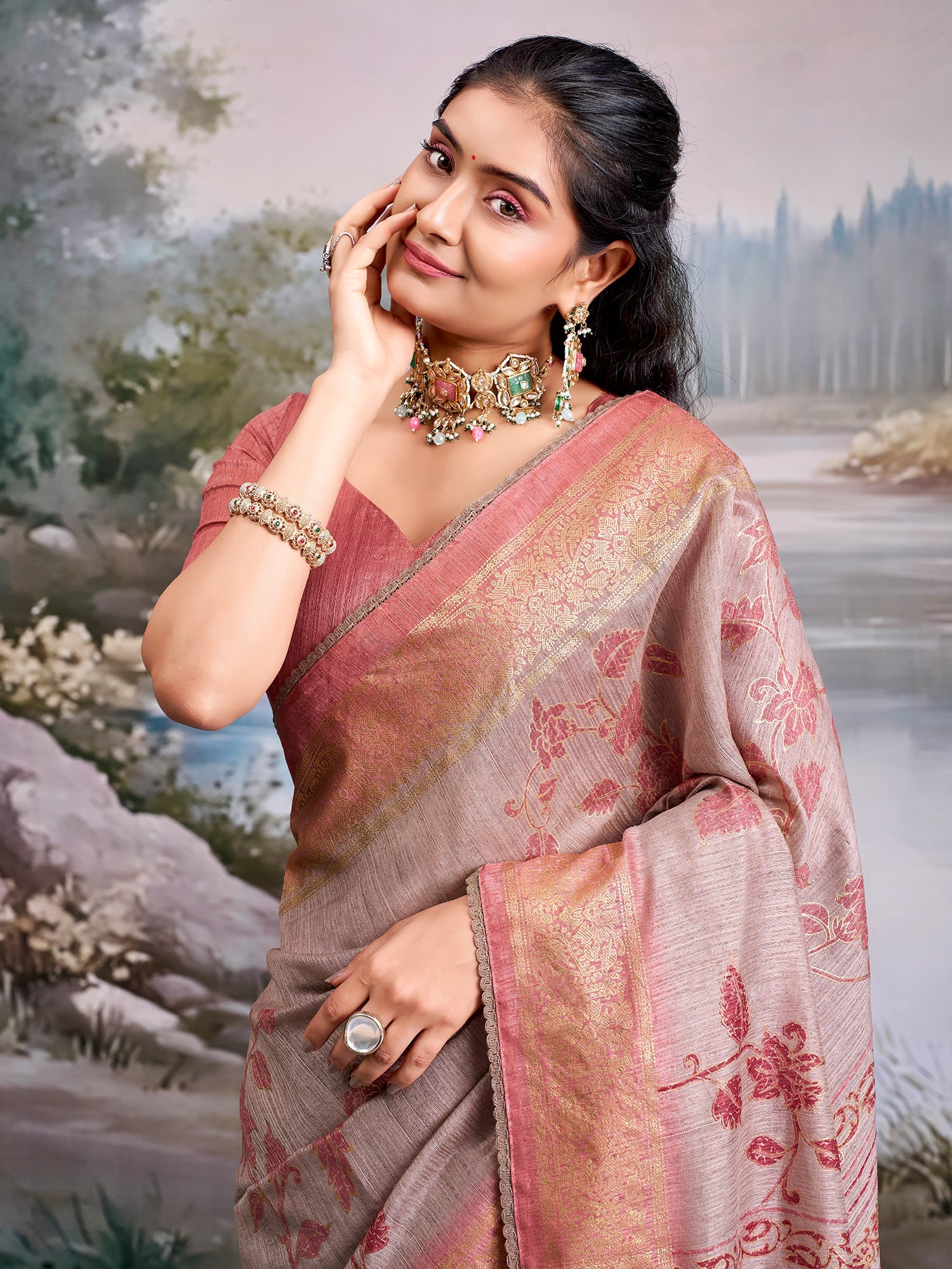Dusty Rose Tissue Silk Saree with Floral Motifs - Ressa