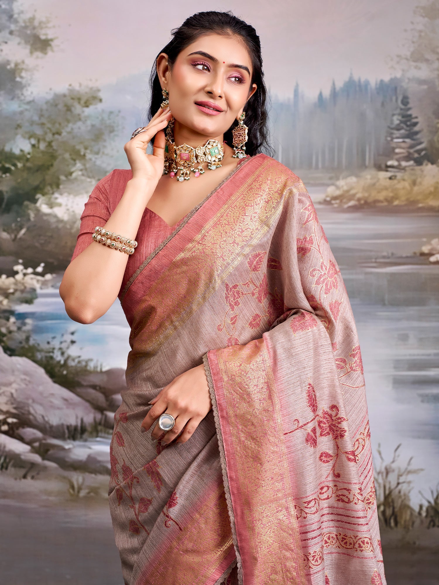 Dusty Rose Tissue Silk Saree with Floral Motifs - Ressa