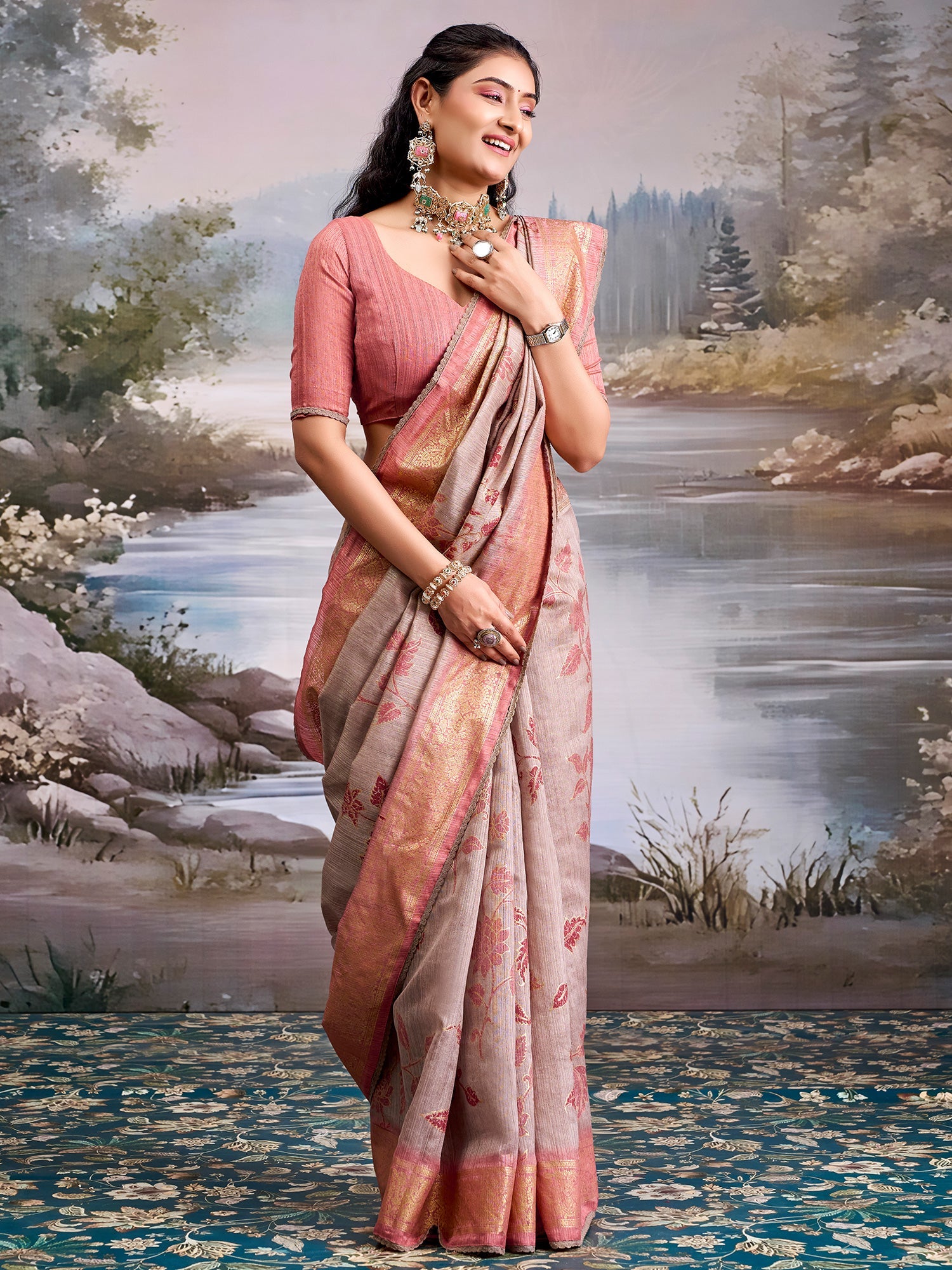 Dusty Rose Tissue Silk Saree with Floral Motifs - Ressa
