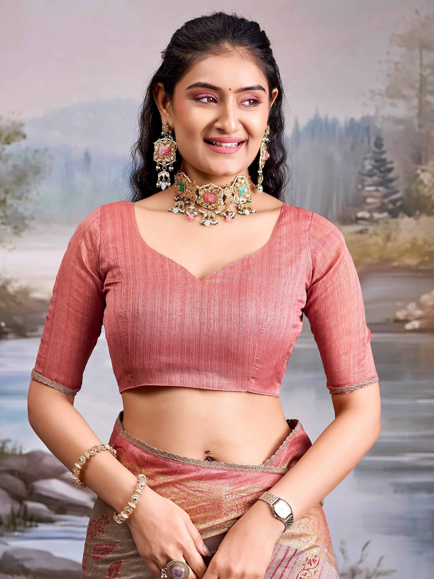 Dusty Rose Tissue Silk Saree with Floral Motifs - Ressa