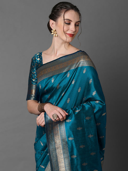 Teal blue Banarasi Silk Saree