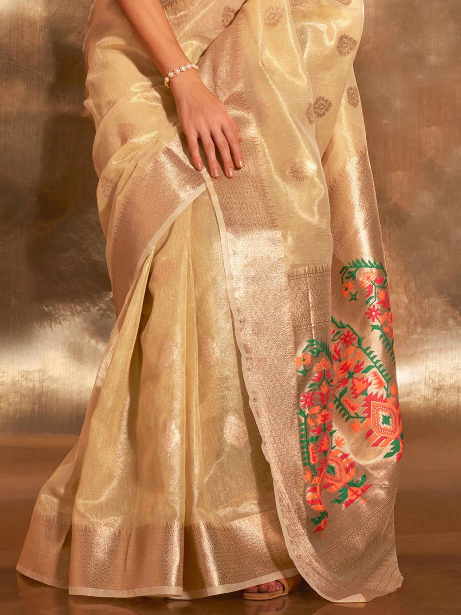 Elegant Cream Gold Banarasi Saree - Ressa