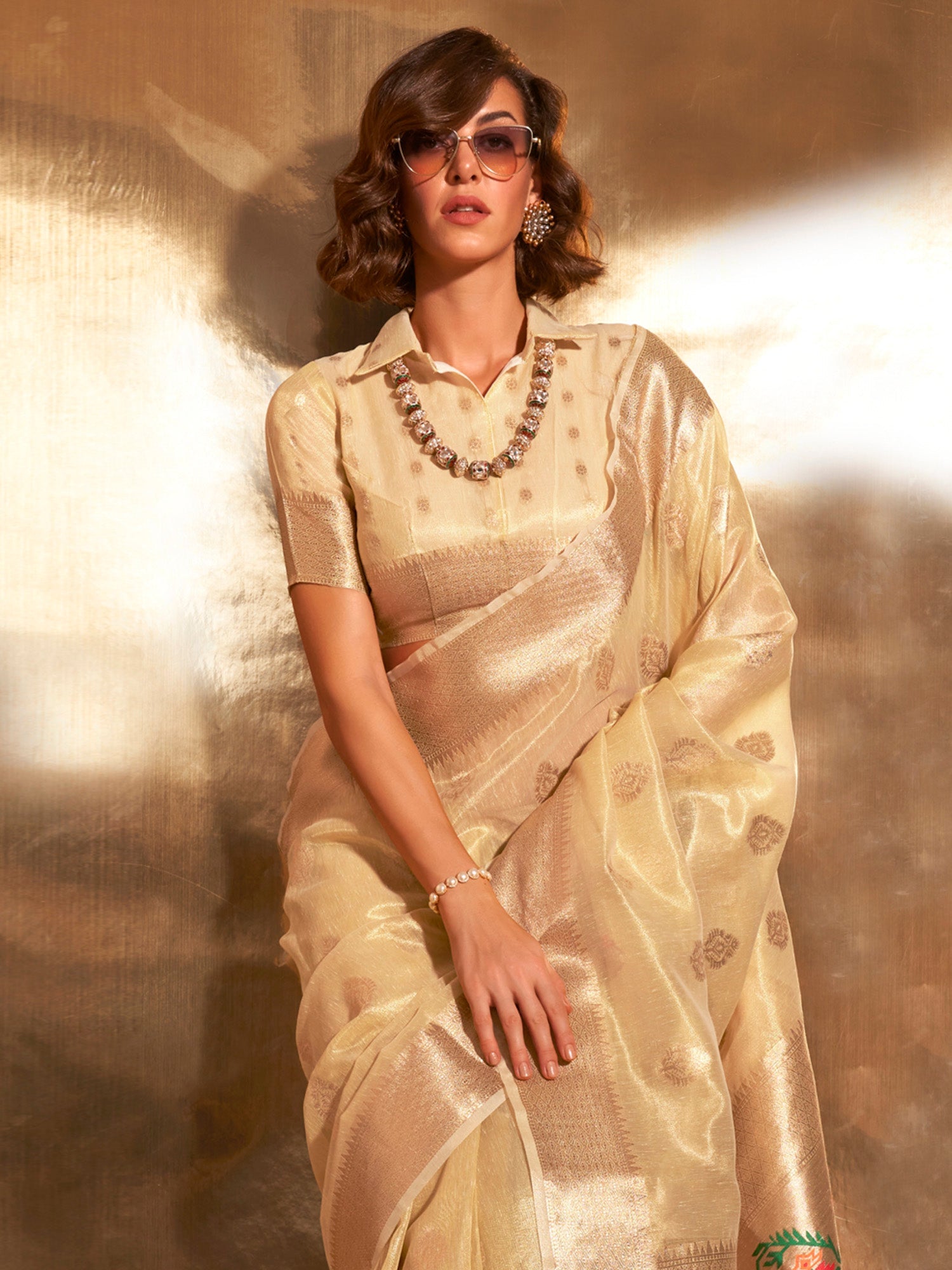 Elegant Cream Gold Banarasi Saree - Ressa
