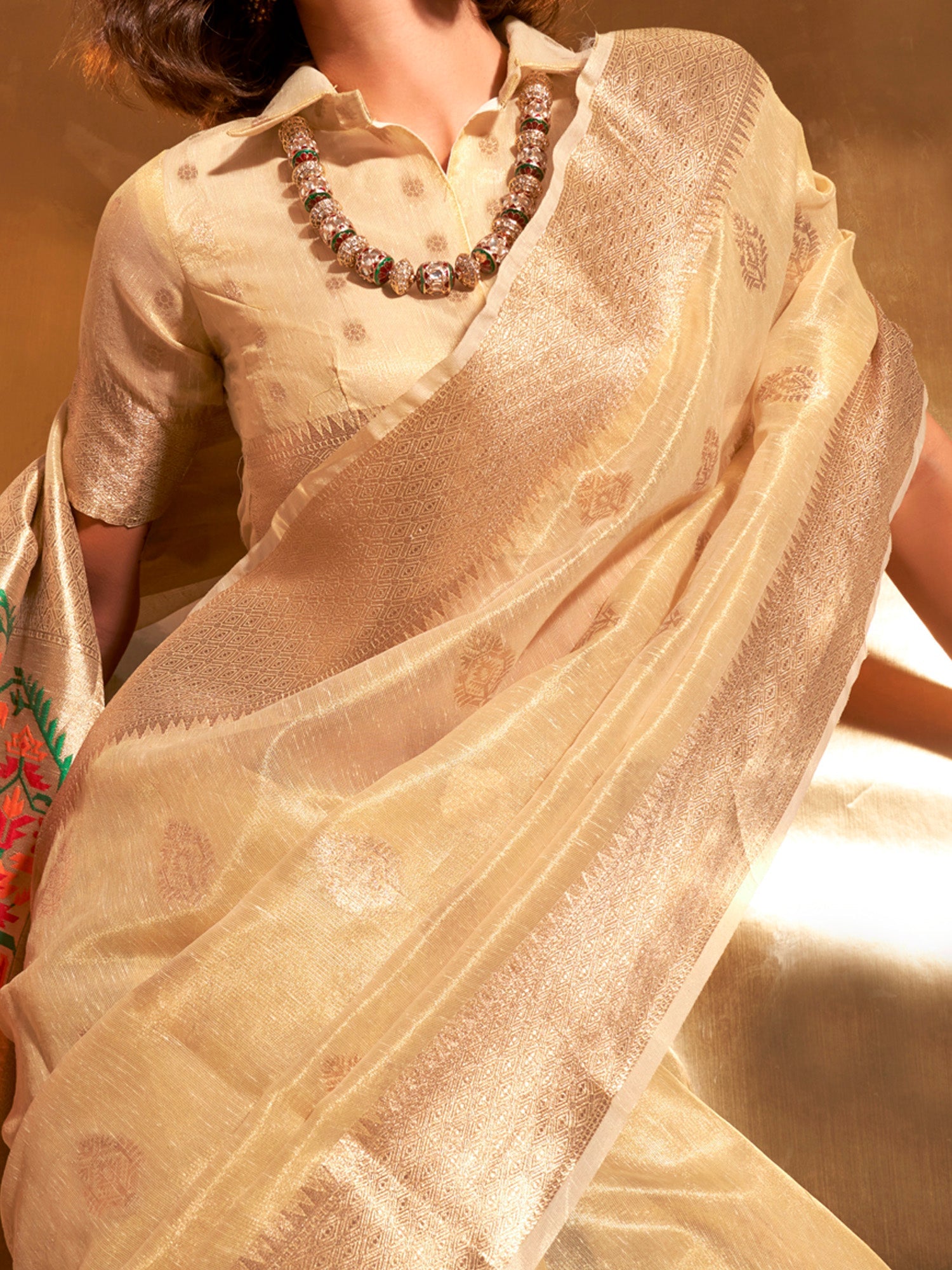 Elegant Cream Gold Banarasi Saree - Ressa