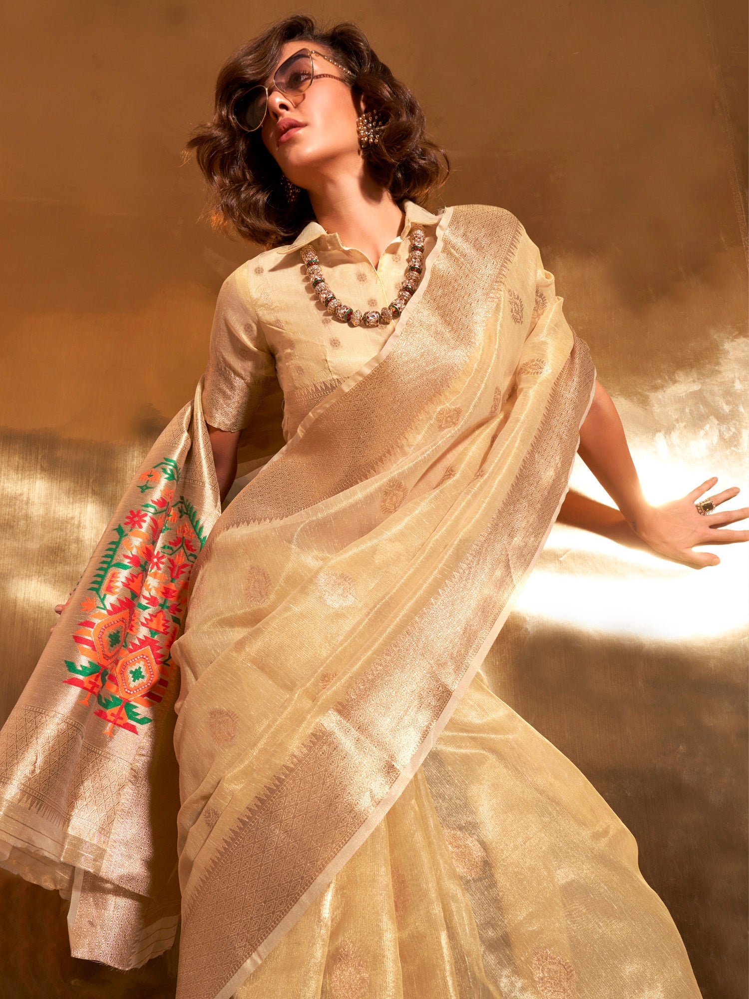 Elegant Cream Gold Banarasi Saree - Ressa