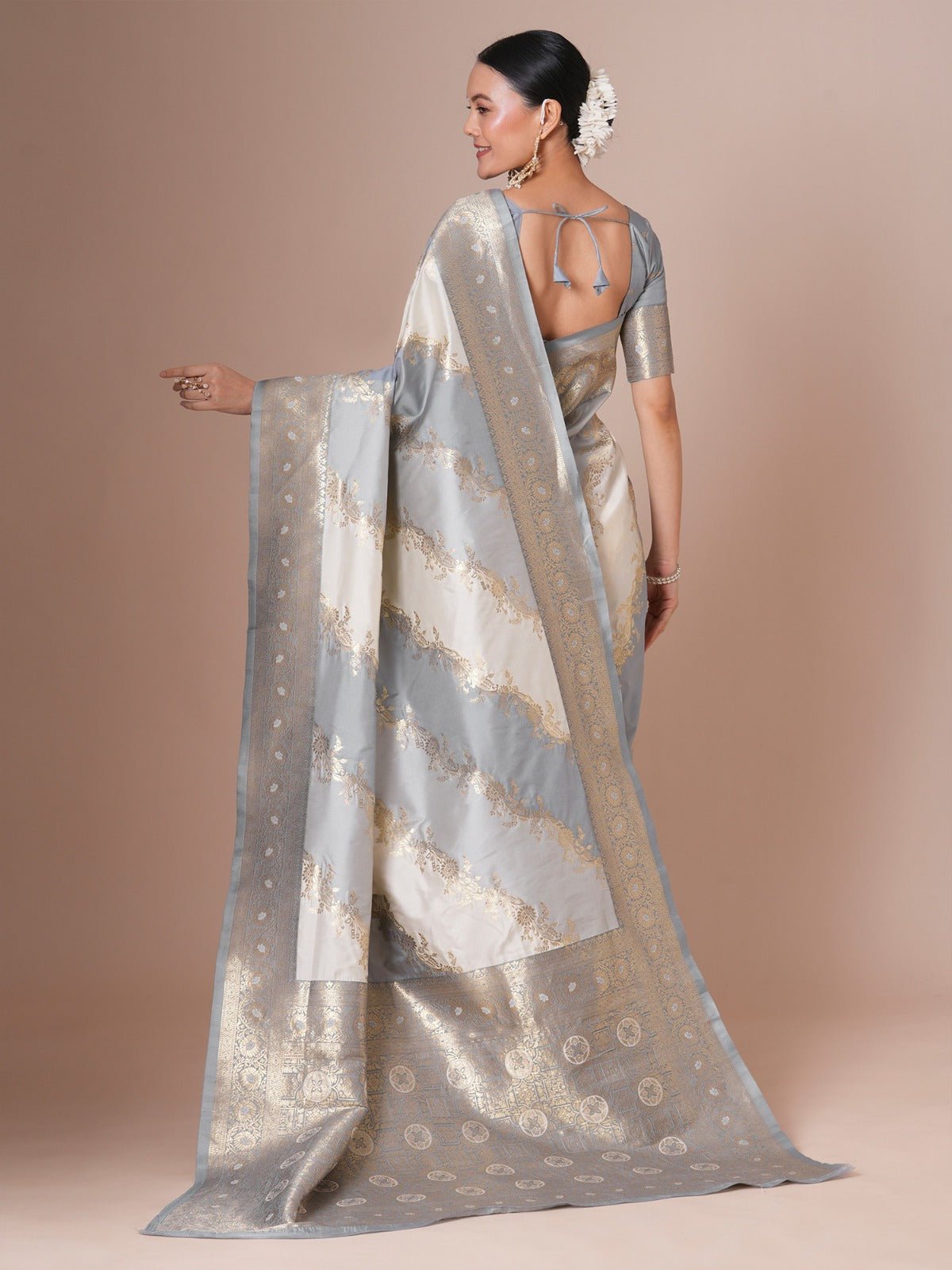 Elegant Light Grey-Blue Banarasi Silk Saree - Ressa