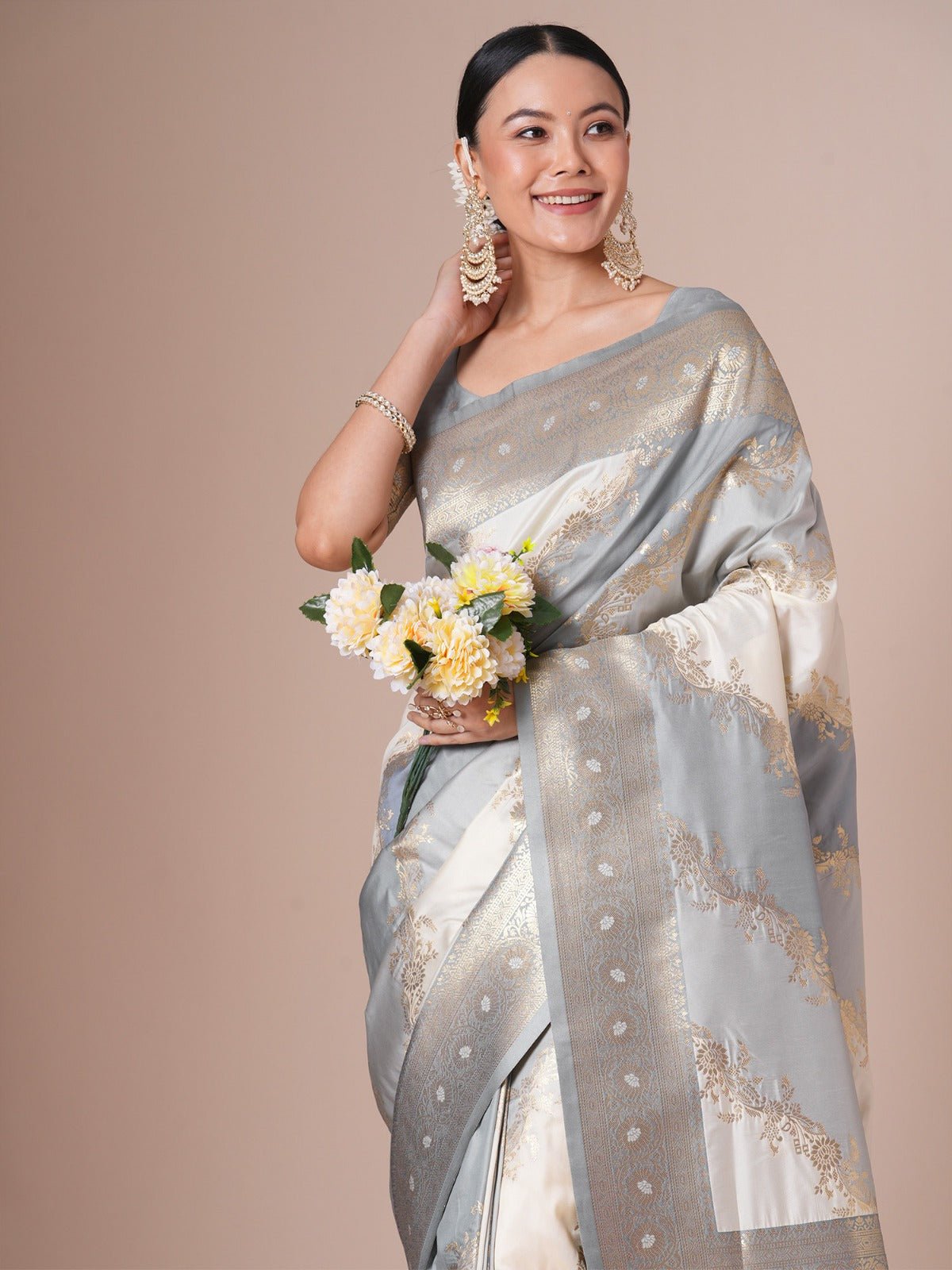 Elegant Light Grey-Blue Banarasi Silk Saree - Ressa