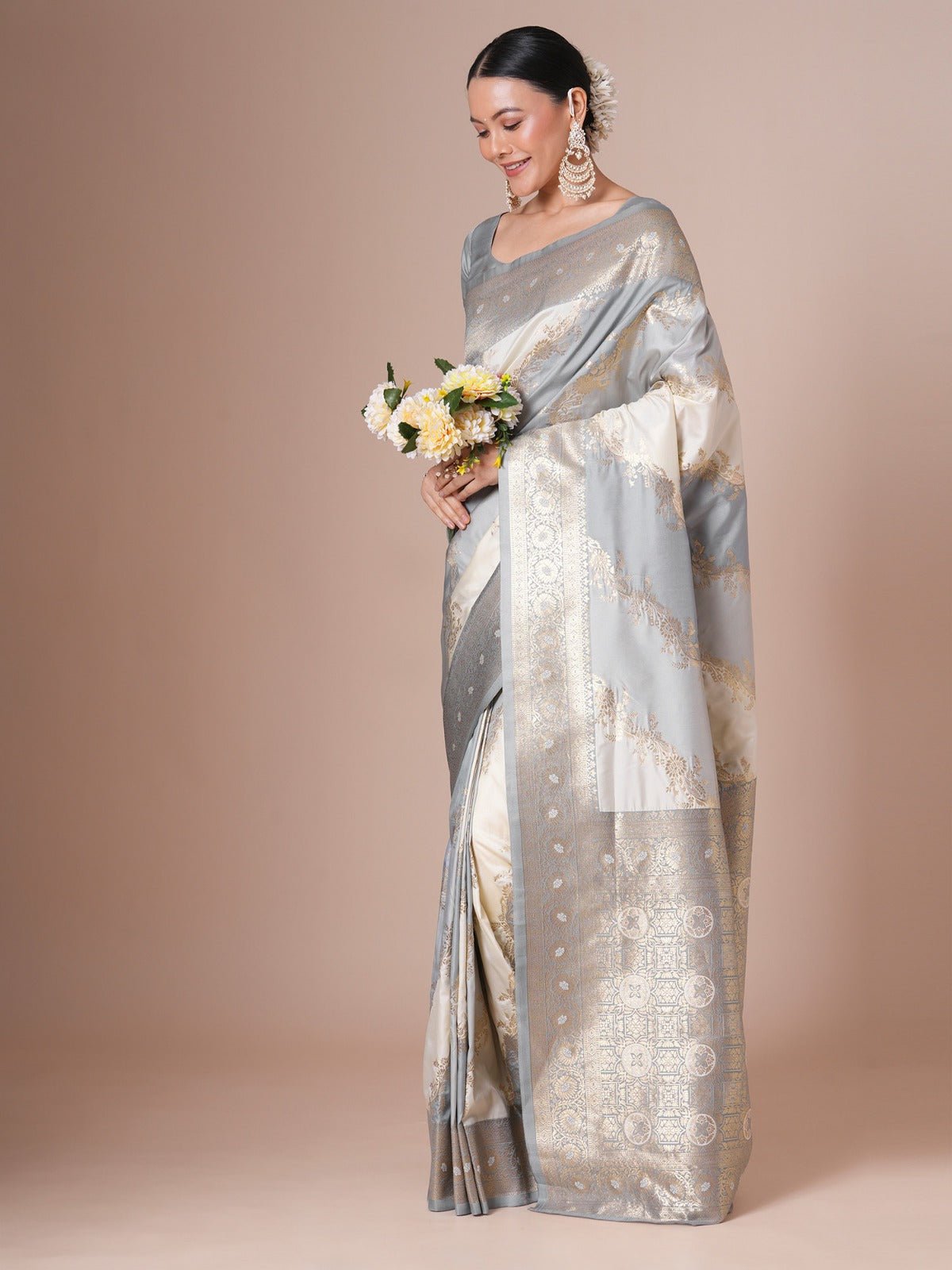 Elegant Light Grey-Blue Banarasi Silk Saree - Ressa