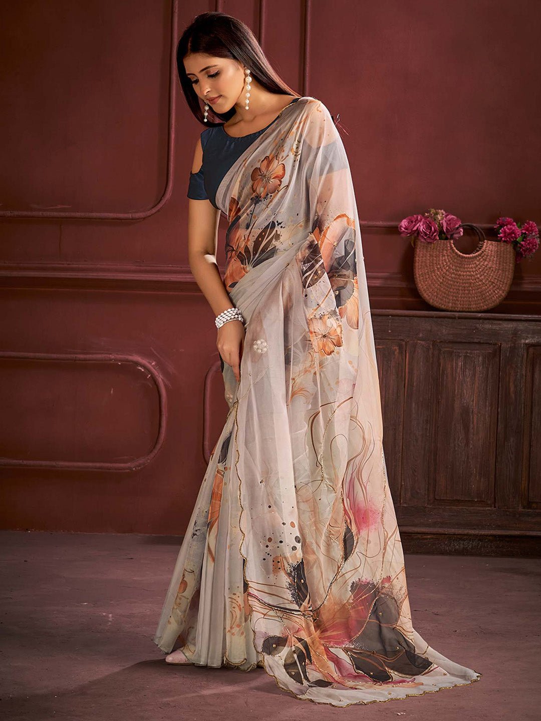 Elegant Off-White Floral Silk Blend Saree - Ressa