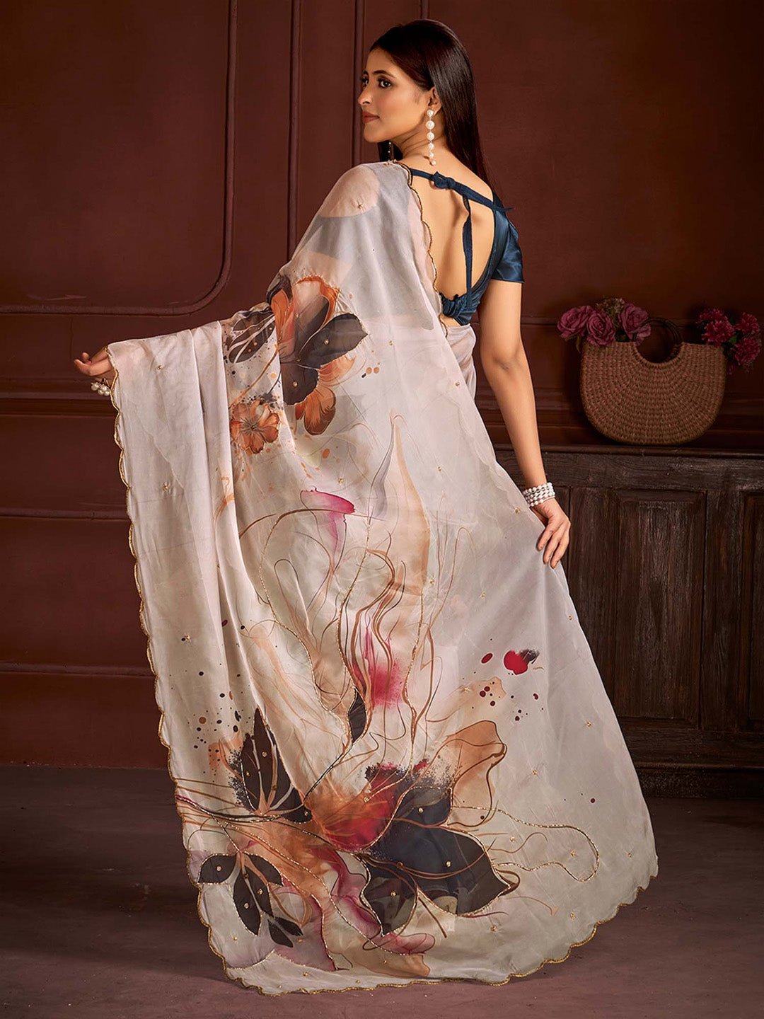 Elegant Off-White Floral Silk Blend Saree - Ressa