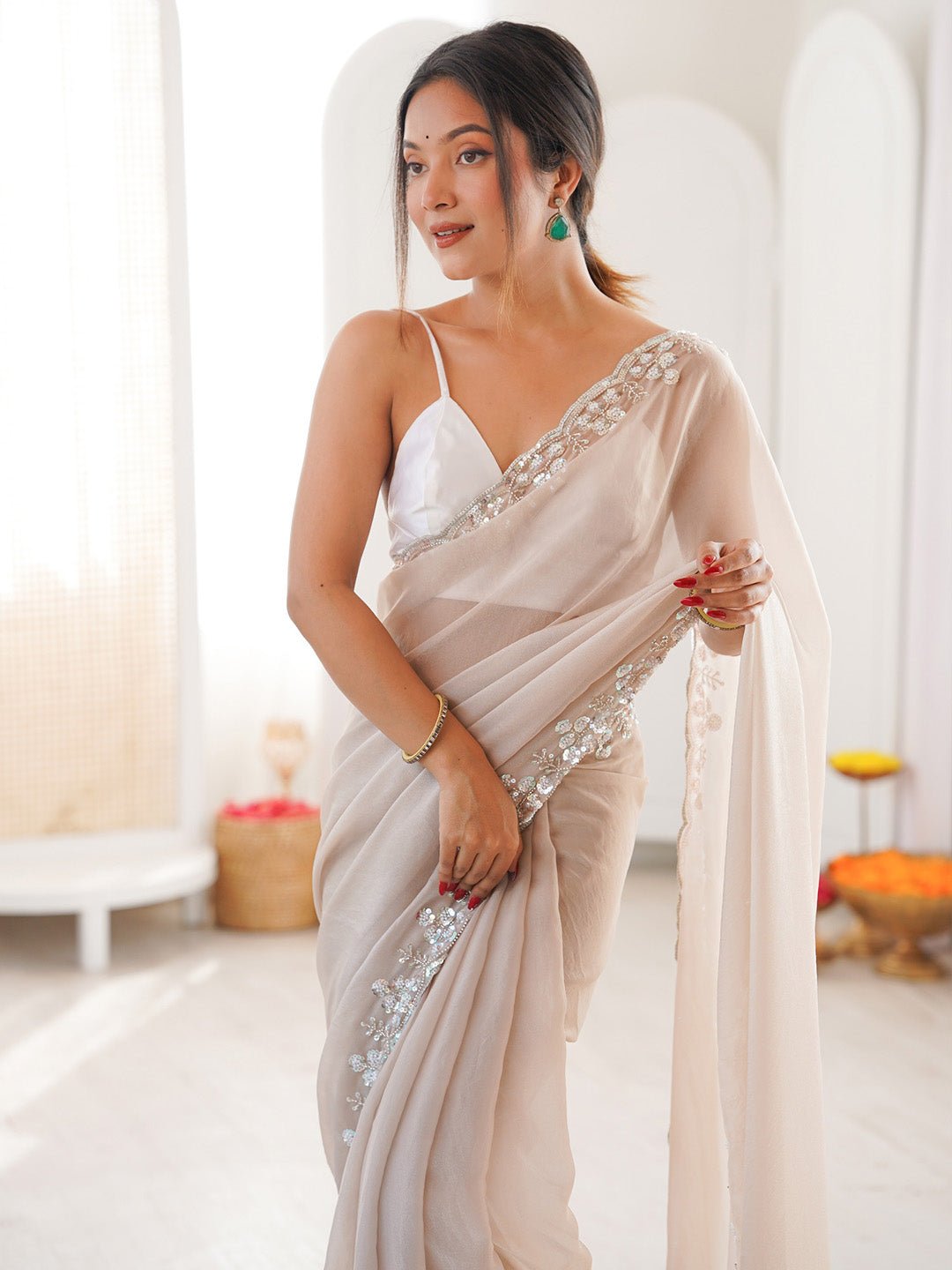 Elegant Off-White Polyester Saree - Ressa