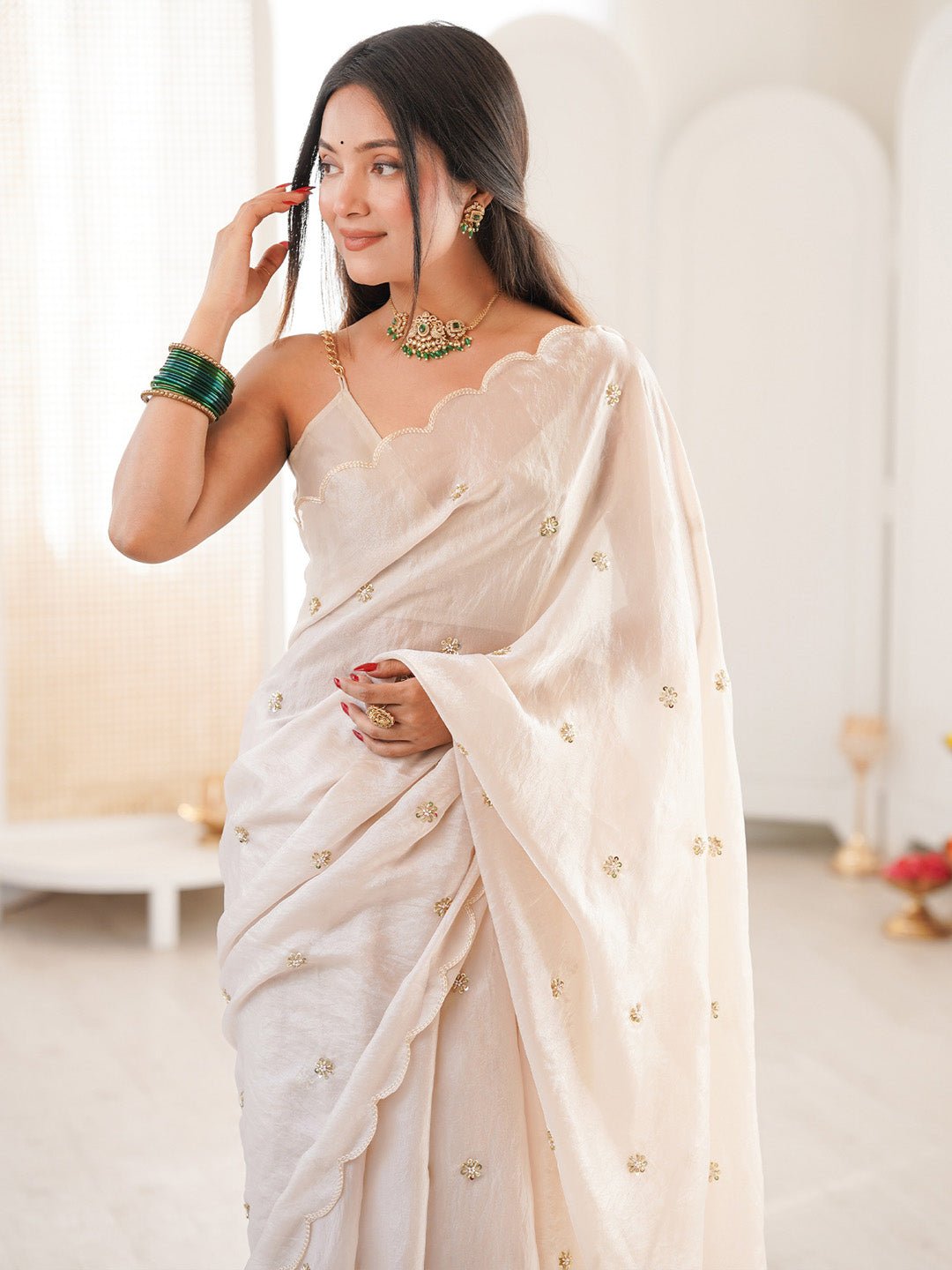 Elegant Off-White Polyester Saree - Ressa