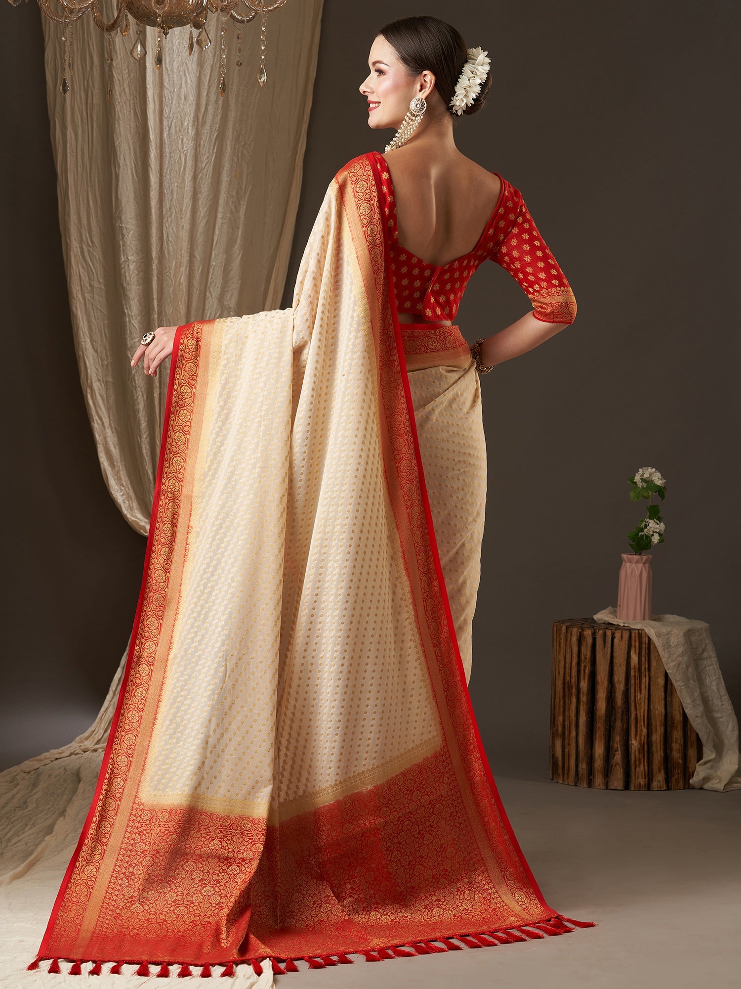 Elegant Off-White & Red Banarasi Silk Saree - Ressa