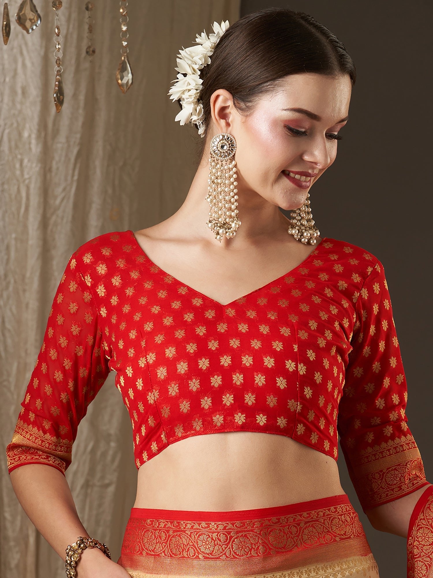 Elegant Off-White & Red Banarasi Silk Saree - Ressa