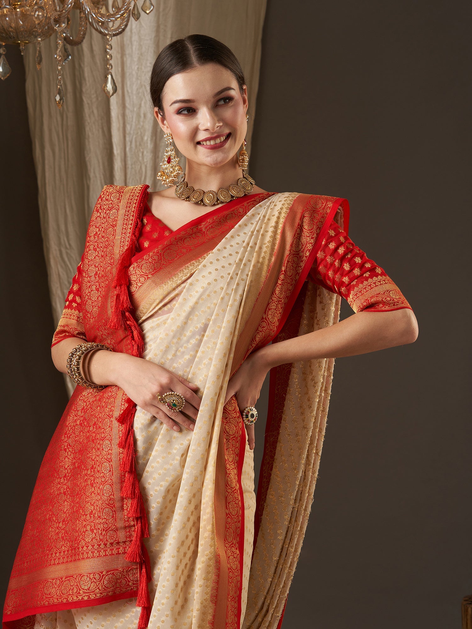 Elegant Off-White & Red Banarasi Silk Saree - Ressa