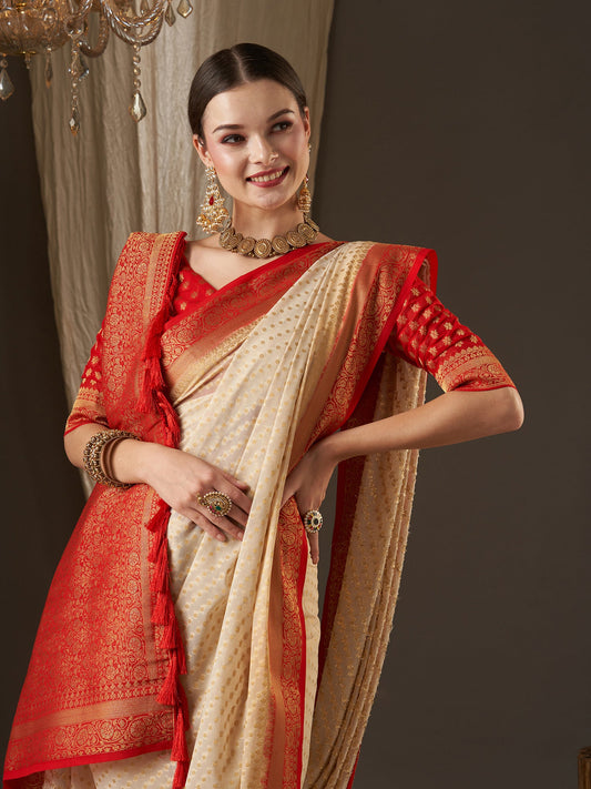Elegant Off-White & Red Banarasi Silk Saree - Ressa