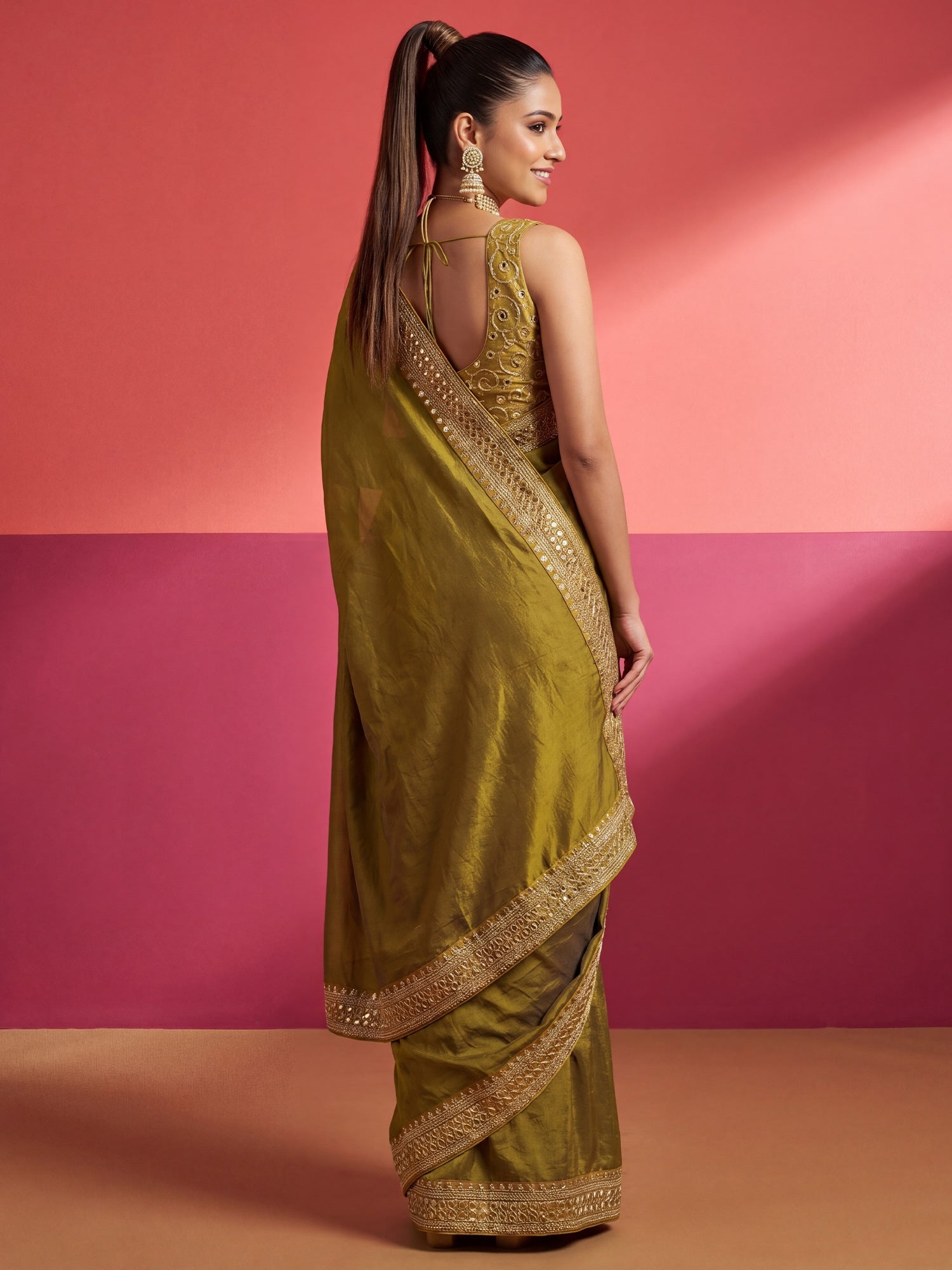 Elegant Olive Mustard Green Saree - Ressa
