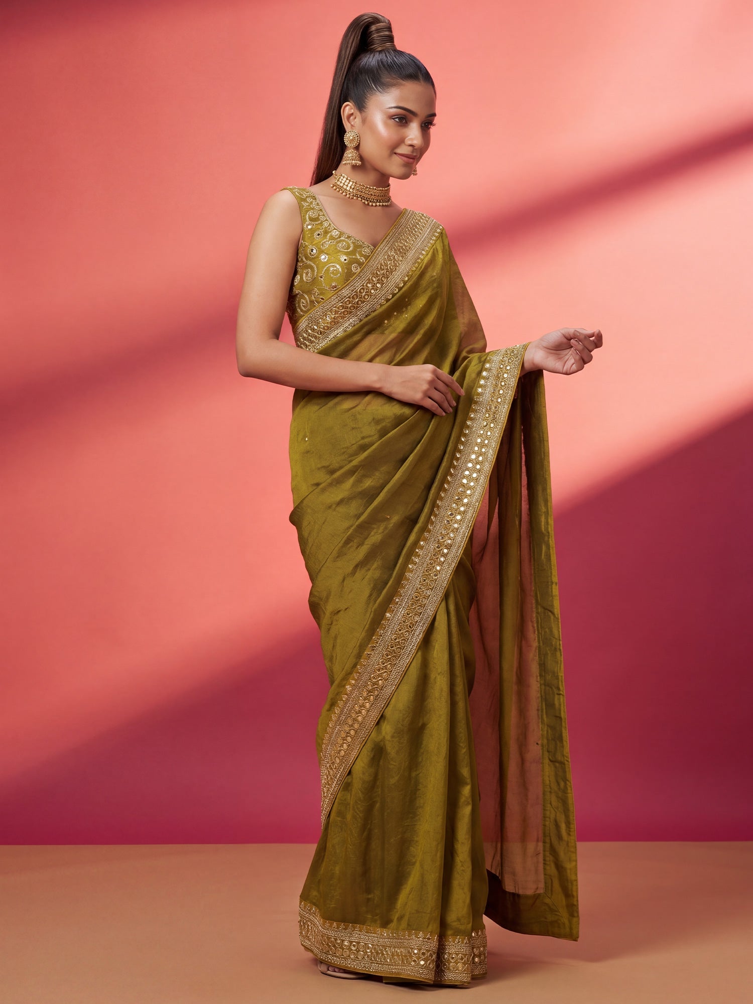Elegant Olive Mustard Green Saree - Ressa