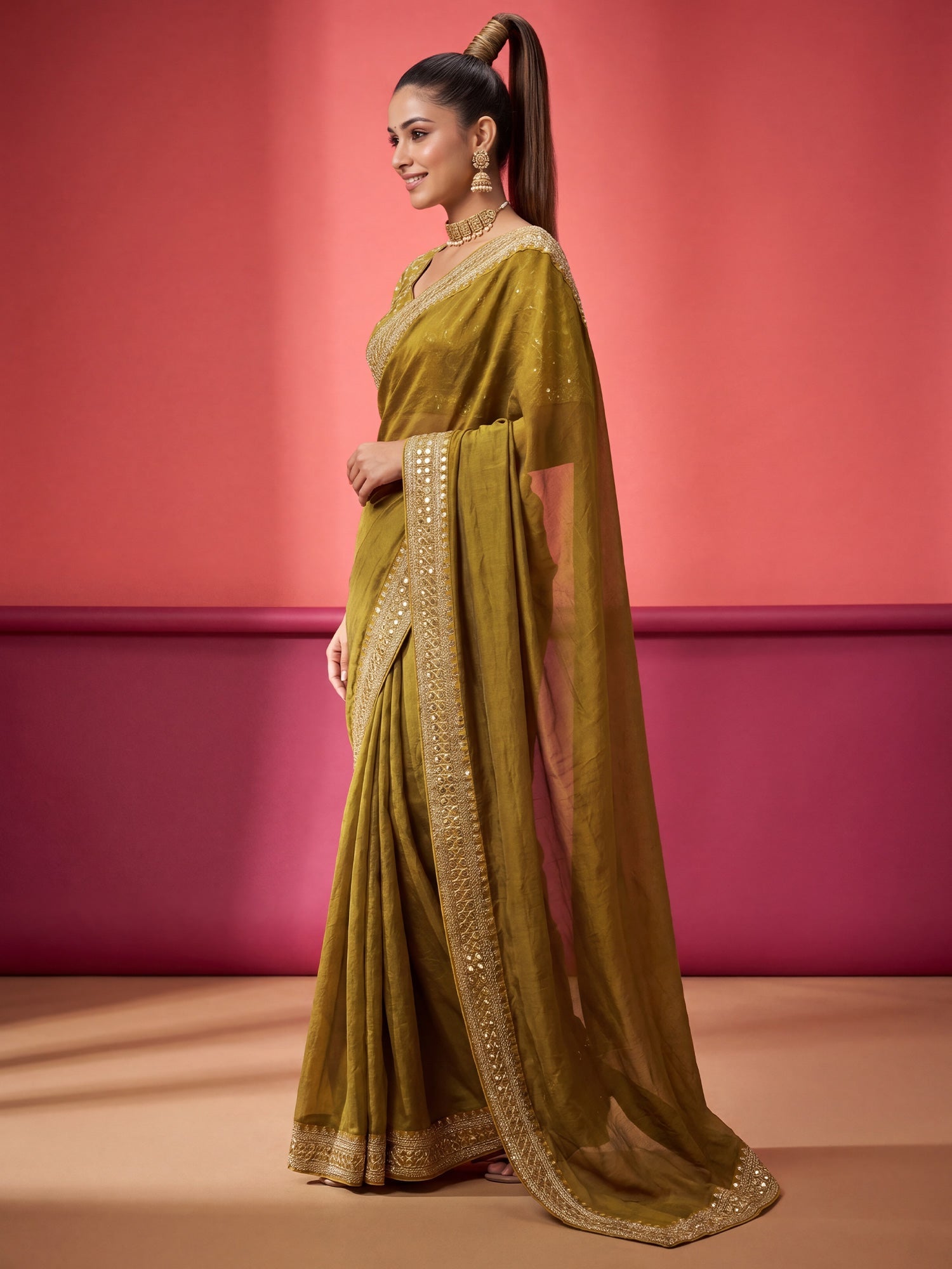 Elegant Olive Mustard Green Saree - Ressa