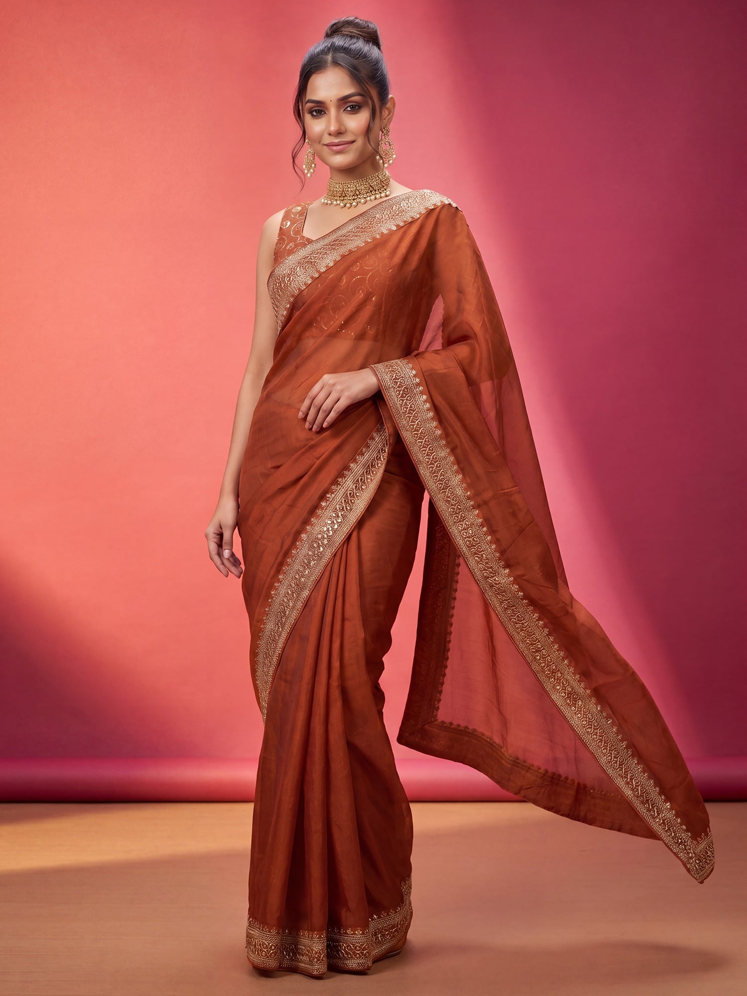 Elegant Rust Terracotta Silk Georgette Saree - Ressa