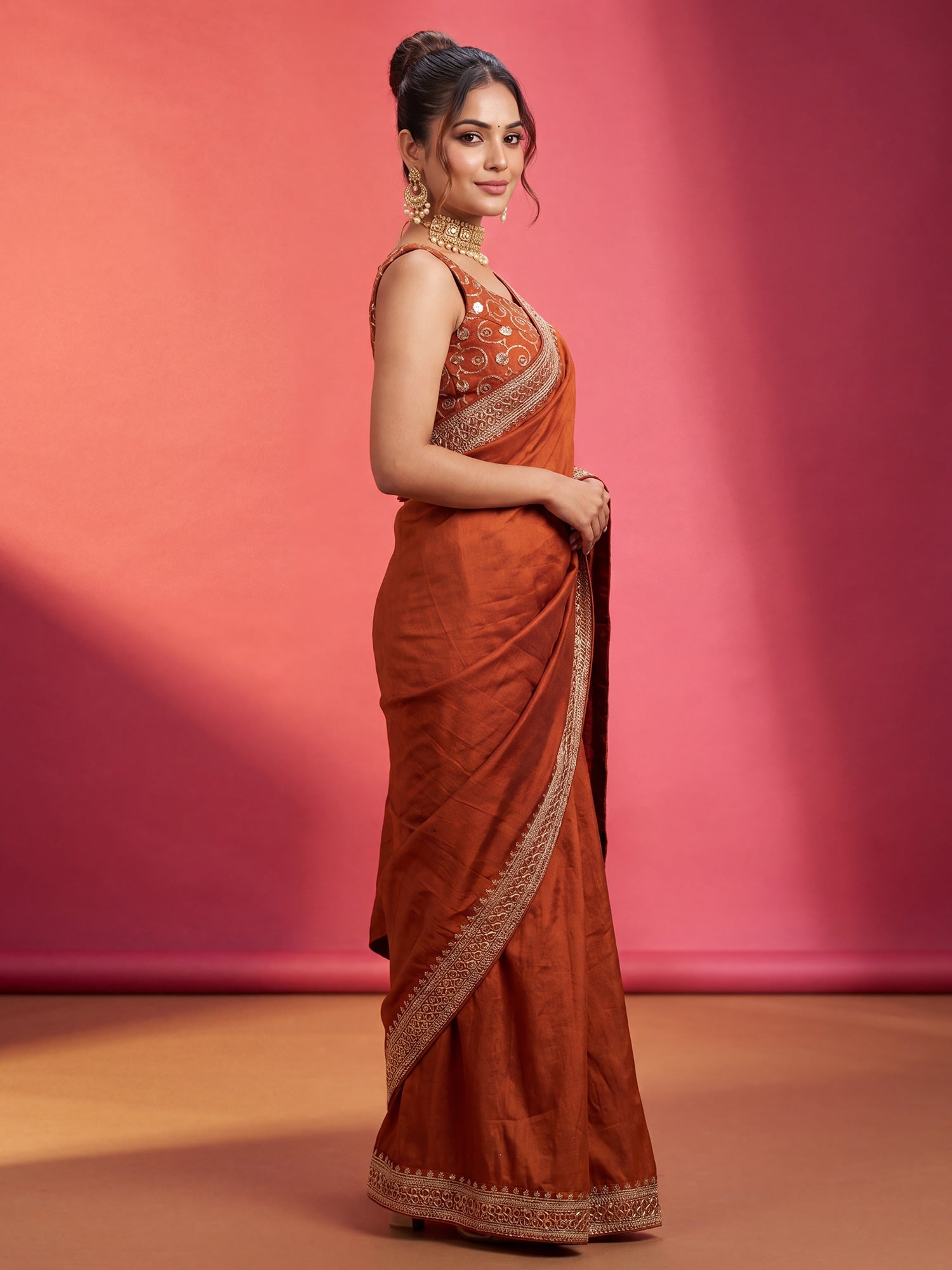 Elegant Rust Terracotta Silk Georgette Saree - Ressa