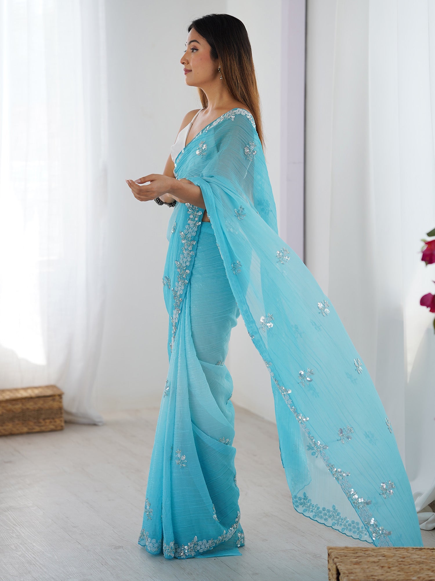 Embellished Beads and Stones Pure Chiffon Designer Saree - Ressa
