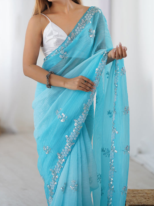 Embellished Beads and Stones Pure Chiffon Designer Saree - Ressa