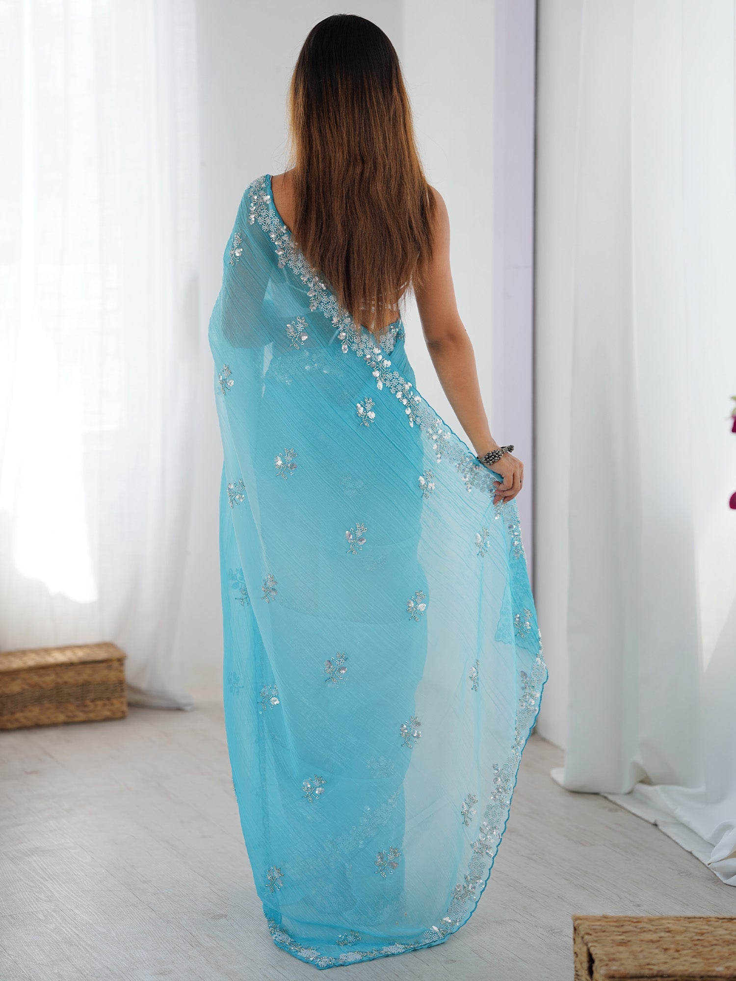 Embellished Beads and Stones Pure Chiffon Designer Saree - Ressa