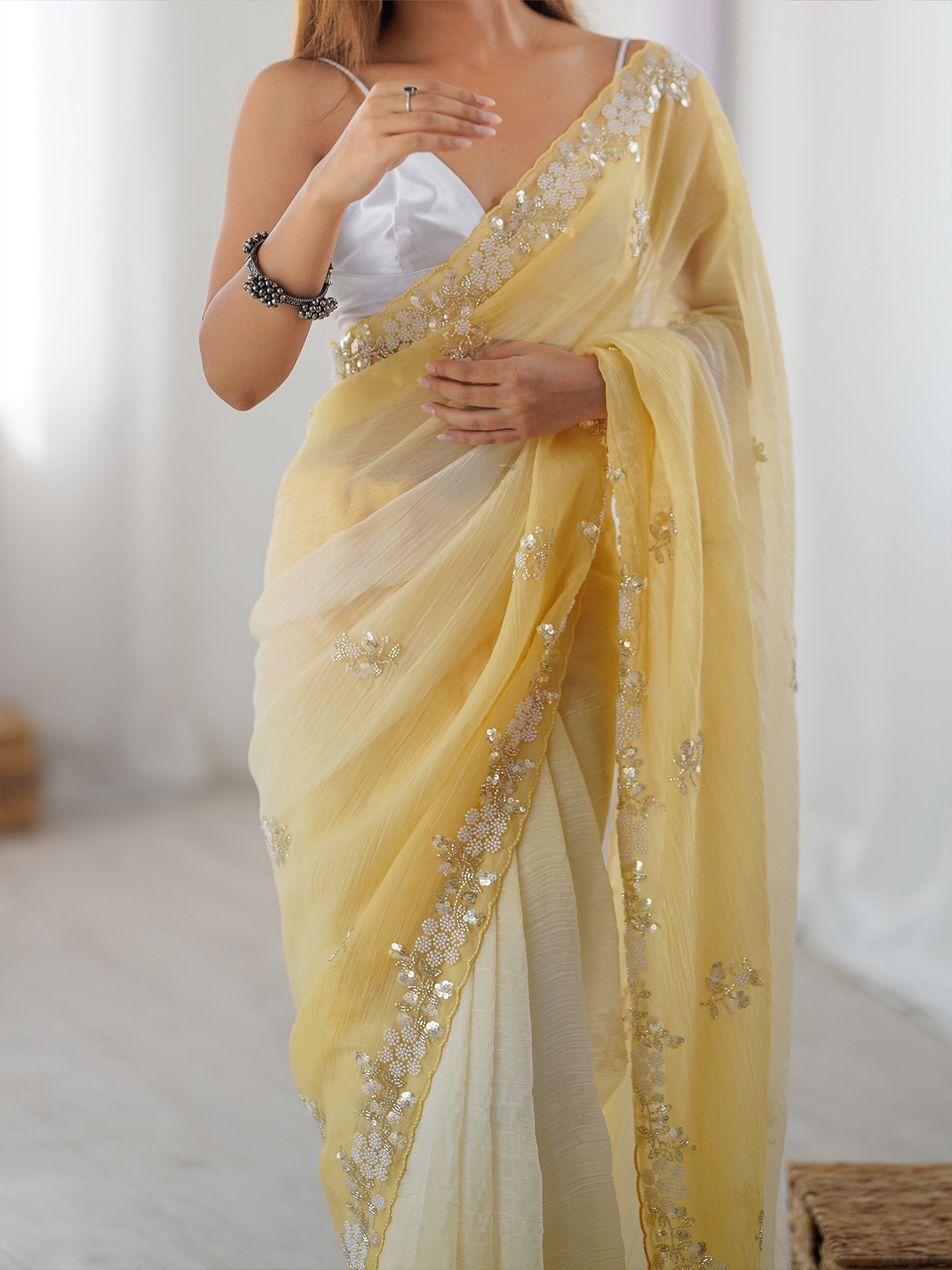 Embellished Beads and Stones Pure Chiffon Saree - Ressa