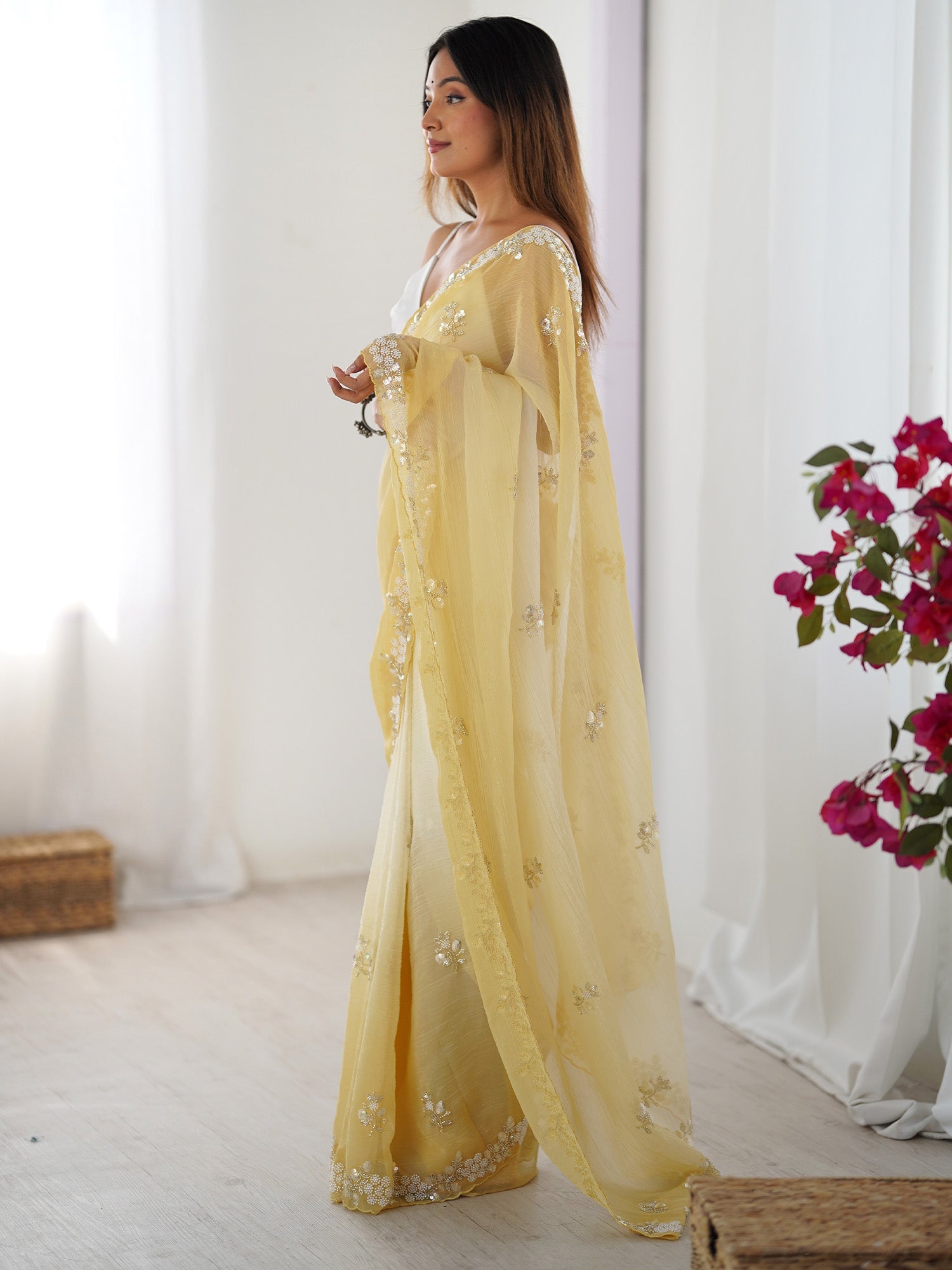 Embellished Beads and Stones Pure Chiffon Saree - Ressa