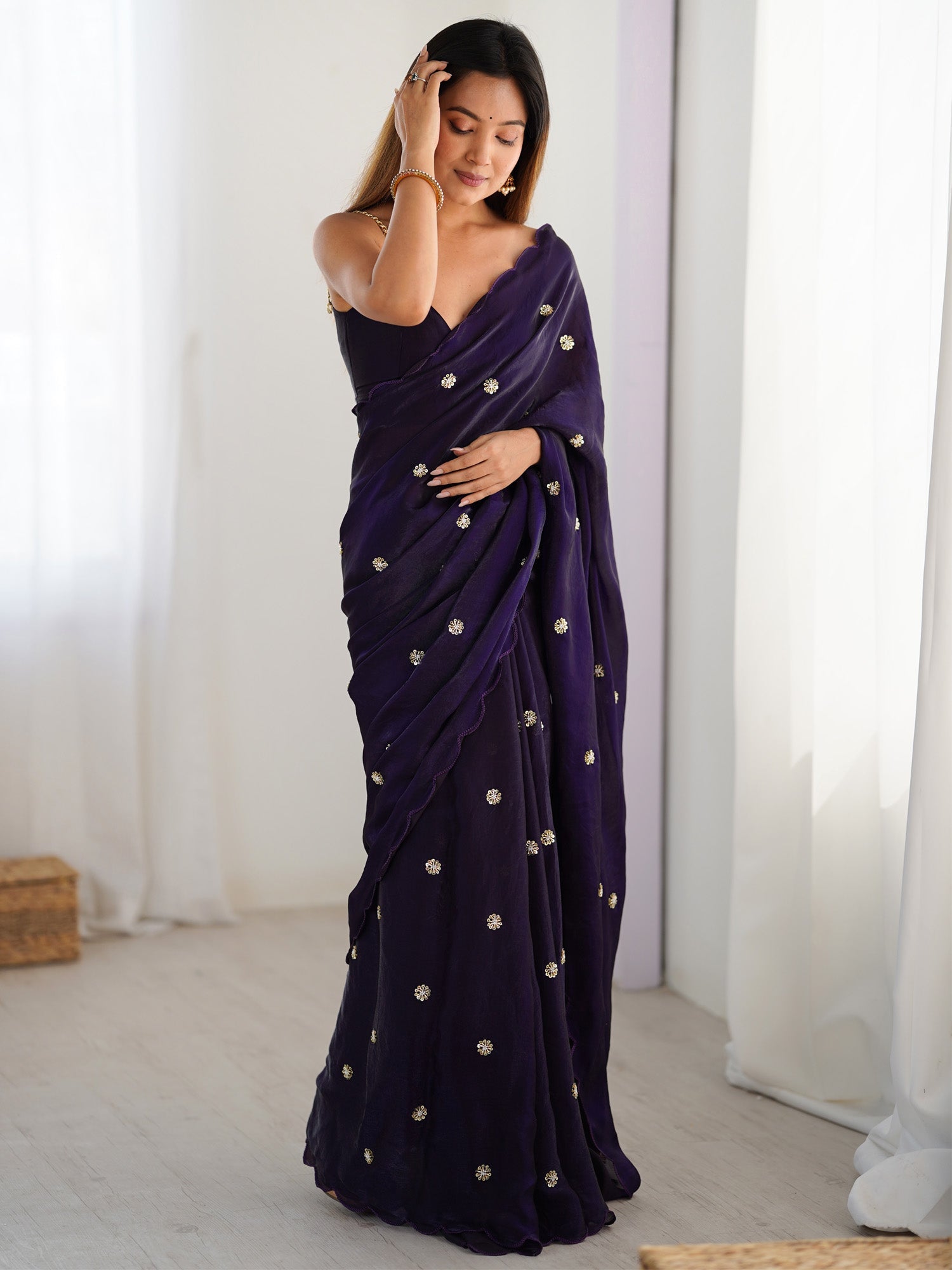 Embellished Beads and Stones Saree with Scallop Border - Ressa