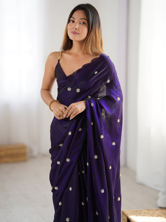 Embellished Beads and Stones Saree with Scallop Border - Ressa