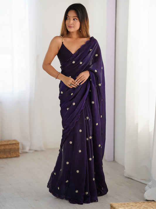 Embellished Beads and Stones Saree with Scallop Border - Ressa